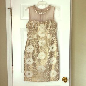 Maggy London Gold Sheer Illusion Neck Dress, Sz 8